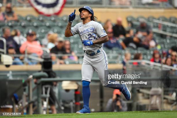 Adalberto Mondesi of the Kansas City Royals celebrates his solo home run as he rounds the bases in the second inning of the game against the...