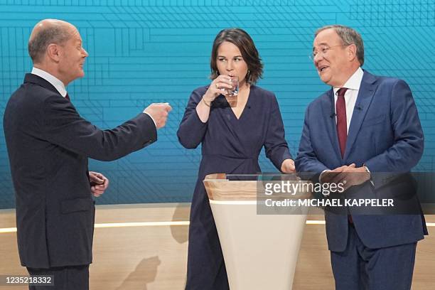 Olaf Scholz, German Finance Minister, Vice-Chancellor and the Social Democrats candidate for Chancellor, Annalena Baerbock co-leader of Germany's...