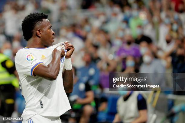 Vinicius Junior of Real Madrid celebrates 3-2 during the La Liga Santander match between Real Madrid v Celta de Vigo at the Estadio Santiago Bernabeu...