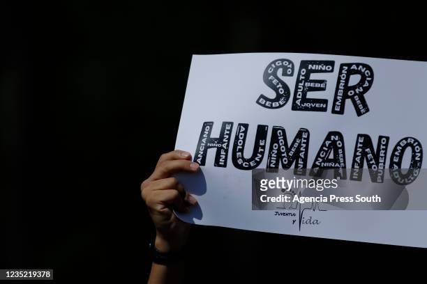 Anti-abortion activist holds a sign that reads "Human being" during a demonstration to protest the decriminalization of abortion at Macroplaza on...