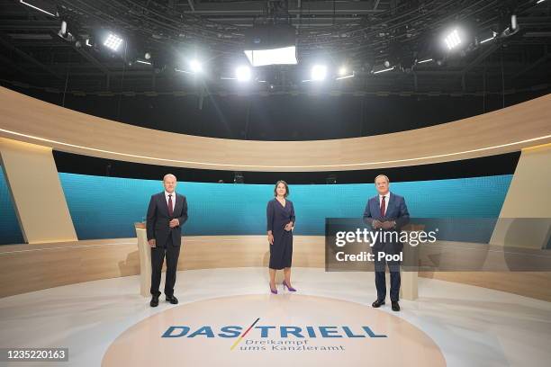 Armin Laschet, leader of the German Christian Democrats and CDU/CSU, Olaf Scholz of the Social Democrats and Annalena Baerbock of the Greens Party...
