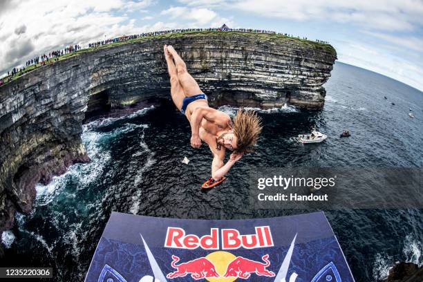 In this handout image provided by Red Bull, David Colturi of the USA dives from the 27.5 metre platform during the final competition day of the...