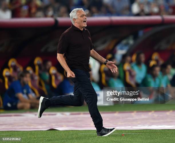 Josè Mourinho head coach of AS Roma reacts during the Serie A match between AS Roma and US Sassuolo at Stadio Olimpico on September 12, 2021 in Rome,...