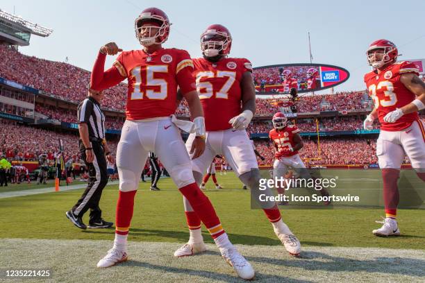 Kansas City Chiefs quarterback Patrick Mahomes celebrates in the end zone after scoring against the Cleveland Browns on September 12th at GEHA field...