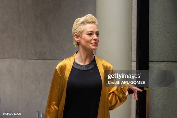 Actress Rose McGowan leaves a press conference on September 12, 2021 in Los Angeles, California. - Rose McGowan and the candidate for governor Larry...