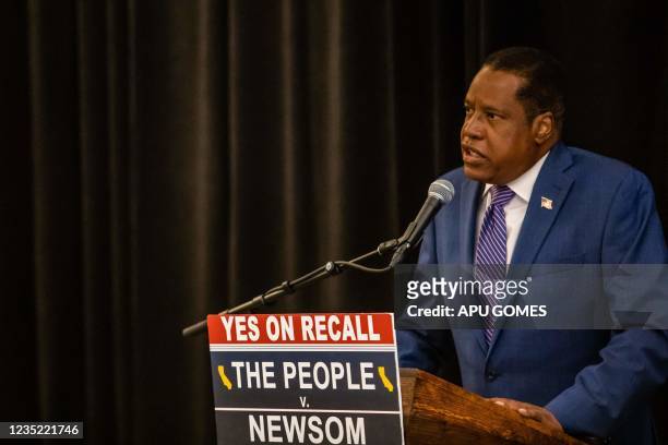 Conservative talk show host and gubernatorial recall candidate Larry Elder speaks during a press conference on September 12, 2021 in Los Angeles,...
