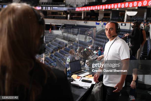 President of basketball operations of the Minnesota Timberwolves, Gersson Rosas is interviewed by Lynx Radio play-by-play broadcaster, Sloane Martin...