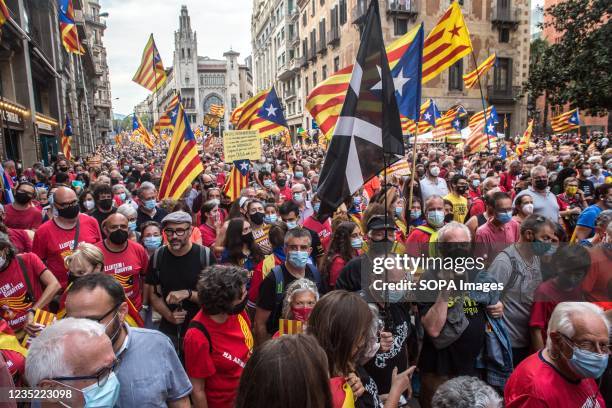 Protesters are seen with Catalan independence flags during the demonstration of the National Day of Catalonia. On the day that the traditional Diada...