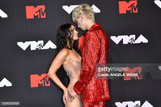 Actress Megan Fox and US singer Machine Gun Kelly arrive for the 2021 MTV Video Music Awards at Barclays Center in Brooklyn, New York, September 12,...