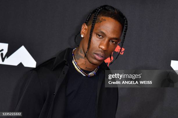 Rapper Travis Scott arrives for the 2021 MTV Video Music Awards at Barclays Center in Brooklyn, New York, September 12, 2021.