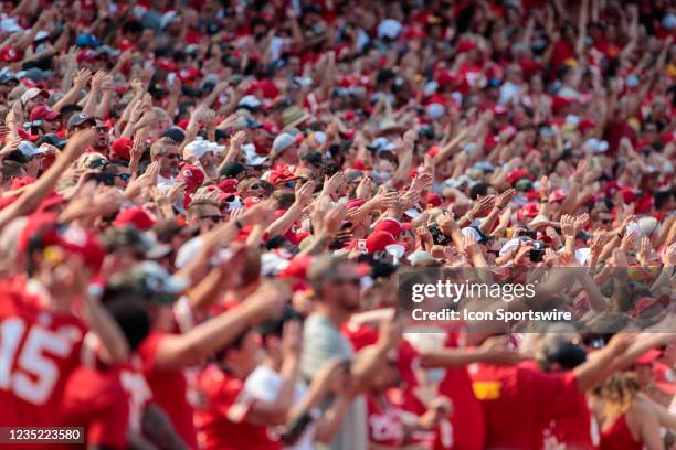 Kansas City Chiefs fans do the tomahawk chop during the game against the Cleveland Browns on September 12th at GEHA field at Arrowhead Stadium in...