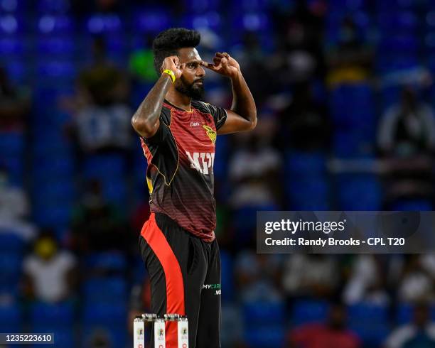 Isuru Udana of Trinbago Knight Riders celebrates the dismissal of Domnic Drakes of Saint Kitts & Nevis Patriots during the 2021 Hero Caribbean...