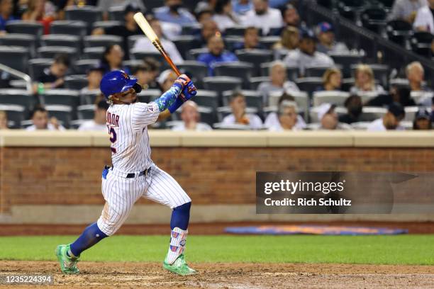 Francisco Lindor of the New York Mets hits a home run against the New York Yankees during the sixth inning of a game at Citi Field on September 12,...