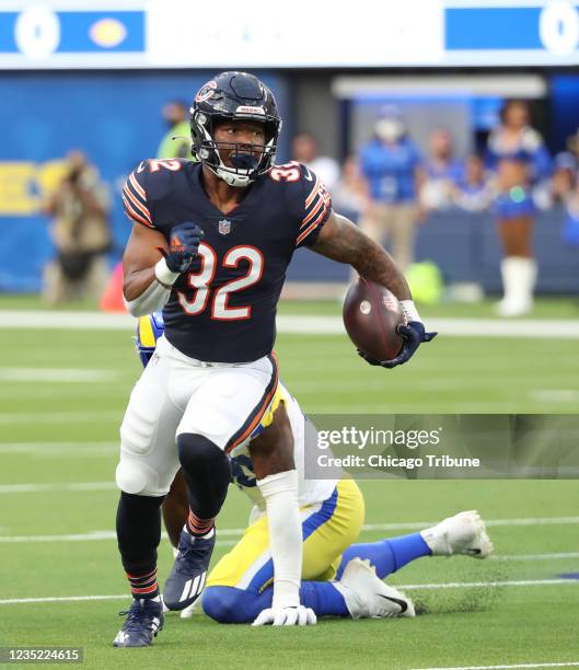 Chicago Bears running back David Montgomery rushes in the first quarter against the Los Angeles Rams at SoFi Stadium Sunday, September 12 in...