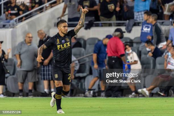 Cristian Arango of Los Angeles FC celebrates his first goal during the game against Real Salt Lake at Banc of California Stadium on September 12,...