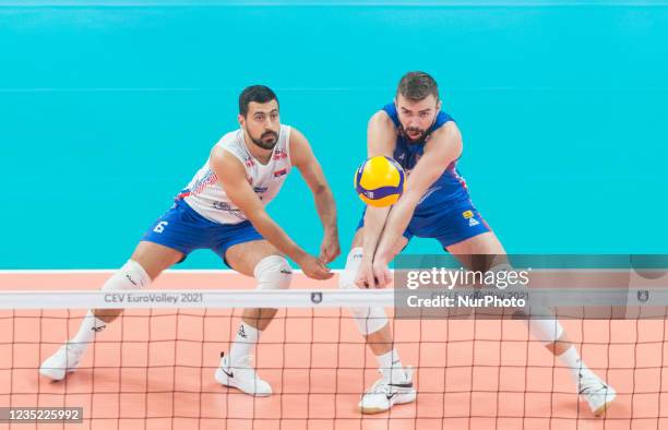 Nikola Pekovic ,Uros Kovacevic during the CEV Eurovolley 2021 match between Serbia v Turkey, in Gdansk, Poland, on September 12, 2021.