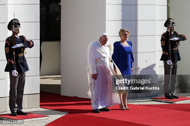Slovak President Zuzana Caputova meets with Pope Francis upon his arrival at the Presidential Palace on September 13, 2021 in Bratislava, Slovakia....