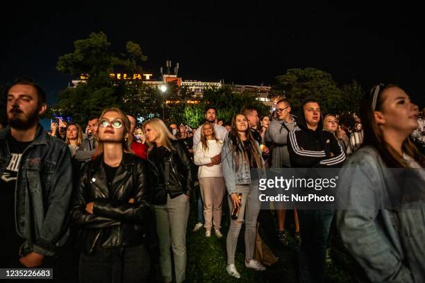 Spectacles watch dragon outdoor show on Vistula river by the Wawel Castle performed by Groteska theatre in Krakow, Poland on September 11, 2021....