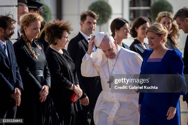 Slovak President Zuzana Caputova greets Pope Francis upon his arrival at the Presidential Palace on September 13, 2021 in Bratislava, Slovakia. Pope...