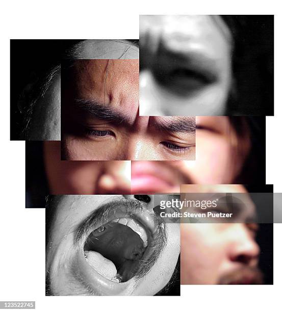 montage of screaming man - gesicht montage stock-fotos und bilder
