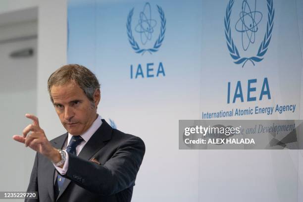 Director General of the International Atomic Energy Agency Rafael Mariano Grossi holds a press conference after a meeting of the IAEA Board of...