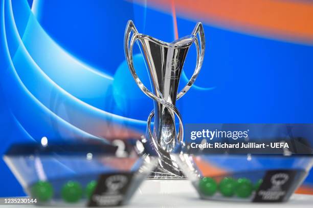 View of the UEFA Women's Champions League trophy during the UEFA Women's Champions League 2021/22 Groups Stage Draw at the UEFA headquarters, The...