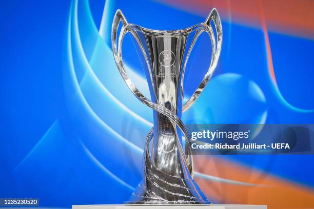 View of the UEFA Women's Champions League trophy during the UEFA Women's Champions League 2021/22 Groups Stage Draw at the UEFA headquarters, The...