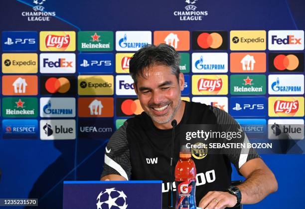 Young Boys Swiss head coach David Wagner attends a press conference on the eve of the Champions league football match Young Boys vs Manchester United...