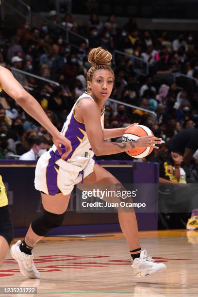 Arella Guirantes of the Los Angeles Sparks handles the ball against the Seattle Storm on September 12, 2021 at Staples Center in Los Angeles,...