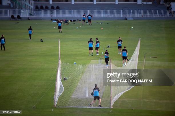 New Zealand's players attend a practice session at the Rawalpindi Cricket Stadium in Rawalpindi on September 13, 2021 ahead of their first one-day...