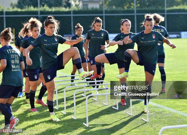Players of Italy Women during an Italy Women Training Session at Centro Tecnico Federale di Coverciano on September 13, 2021 in Florence, Italy.