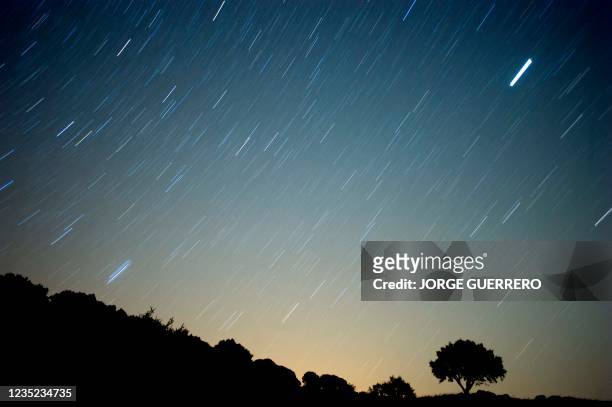 Meteor streaks across the sky against a field of stars during a meteorite shower early August 13, 2010 near Grazalema, southern Spain. AFP PHOTO/...