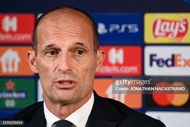 Juventus' Italian head coach Massimiliano Allegri attends a press conference on the eve of the UEFA Champions League group H football match Malmo FF...