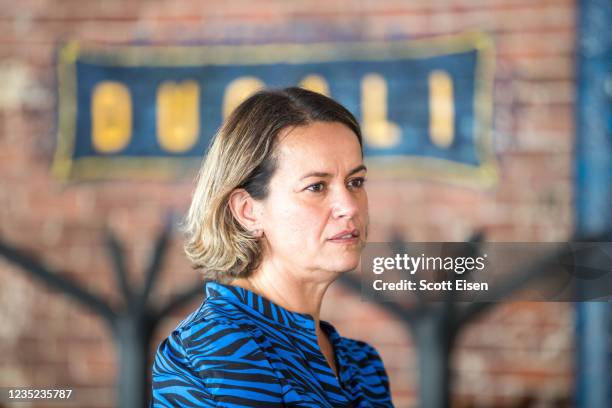 Boston mayoral candidate, City Councilwoman at-large Annissa Essaibi George at Ducali Pizzeria and Bar during a campaign stop on September 13, 2021...