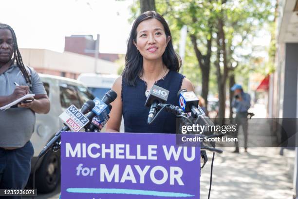 Boston mayoral candidate, City Councilwoman at-large Michelle Wu answers questions during a press conference outside of her campaign headquarters on...