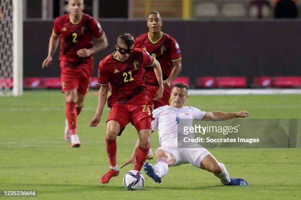 Timothy Castagne of Belgium, Tomas Holes of Czech Republic during the World Cup Qualifier match between Belgium v Czech Republic at the Koning...