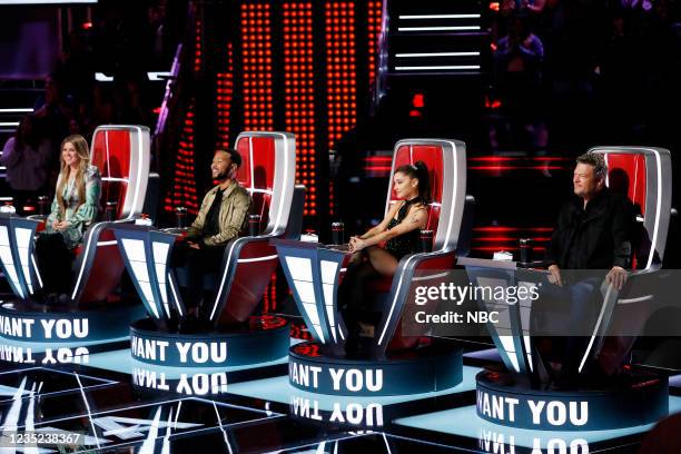 Blind Auditions" -- Pictured: Kelly Clarkson, John Legend, Ariana Grande, Blake Shelton --