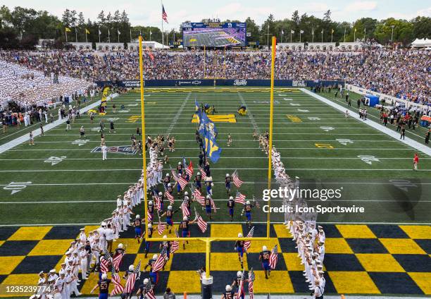 The Navy Midshipmen take the field for the Air Force game versus the Navy on September 11, 2021 at Navy - Marine Corps Memorial Stadium in Annapolis,...