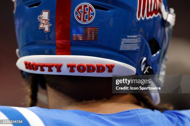 Detail view of the phrase Hotty Toddy on a Mississippi Rebels player's helmet during the Chick-Fil-A Kickoff game against the Louisville Cardinals on...