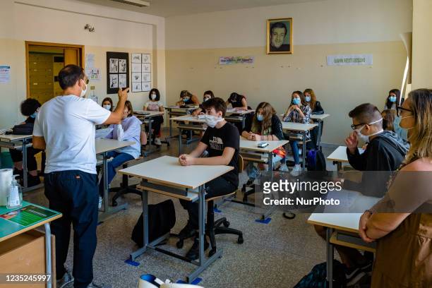 Teacher of the Higher Institute Mons. Antonio Bello in Molfetta during the lesson to the students on the first day of school in Molfetta, Italy on 14...