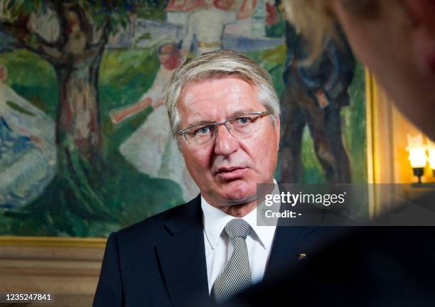 Olso mayor Fabian Stang meets the press at the City Hall where flags have been put at half mast on July 23, 2011 in Olso. Norwegian Prime Minister...