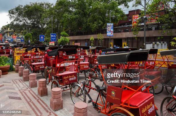 Cycle rickshaws on the redeveloped area of Chandni Chowk, on September 13, 2021 in New Delhi, India. Rickshaw pullers operating in the area said that...