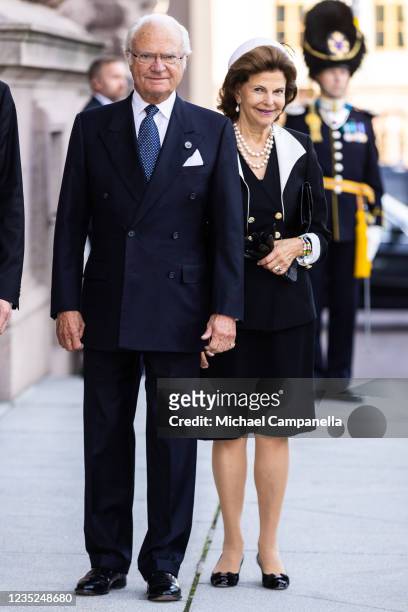 King Carl XVI Gustaf of Sweden and Queen Silvia of Sweden attend a ceremony in connection with the opening of the Swedish Parliament for the 2021/22...