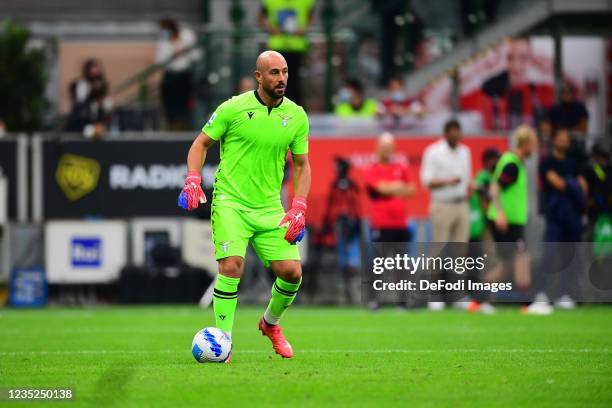 Pepe Reina of Lazio controls the ball during the Serie A match between AC Milan and SS Lazio at Stadio Giuseppe Meazza on September 12, 2021 in...