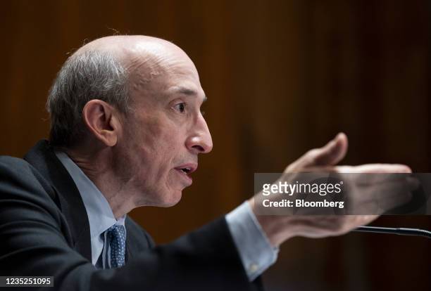 Gary Gensler, chairman of the U.S. Securities and Exchange Commission , speaks during a Senate Banking, Housing and Urban Affairs Committee hearing...