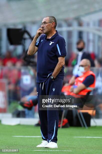 Maurizio Sarri, head coach of SS Lazio look on during the Serie A match between AC Milan and SS Lazio at Stadio Giuseppe Meazza on September 12, 2021...