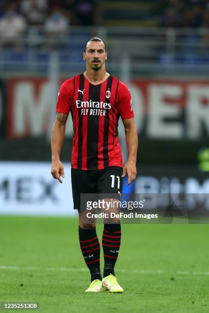 Zlatan Ibrahimovic of AC Milan look on during the Serie A match between AC Milan and SS Lazio at Stadio Giuseppe Meazza on September 12, 2021 in...