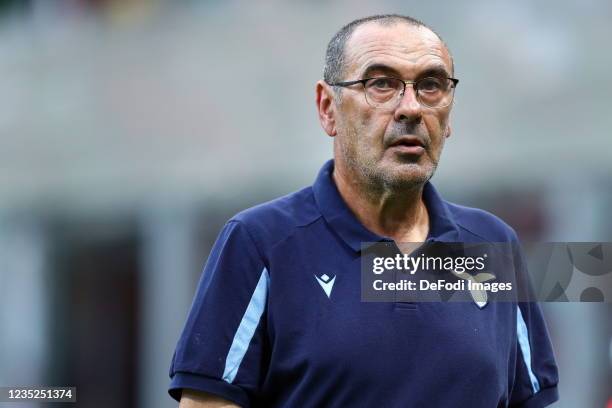 Maurizio Sarri of SS Lazio look on during the Serie A match between AC Milan and SS Lazio at Stadio Giuseppe Meazza on September 12, 2021 in Milan,...