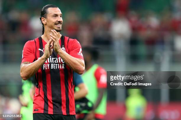Zlatan Ibrahimovic of AC Milan celebrate after winning during the Serie A match between AC Milan and SS Lazio at Stadio Giuseppe Meazza on September...