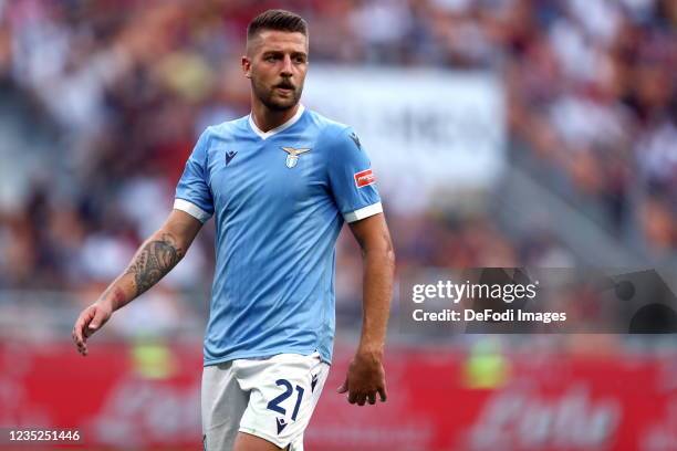 Sergej Milinkovic-Savic of SS Lazio look on during the Serie A match between AC Milan and SS Lazio at Stadio Giuseppe Meazza on September 12, 2021 in...